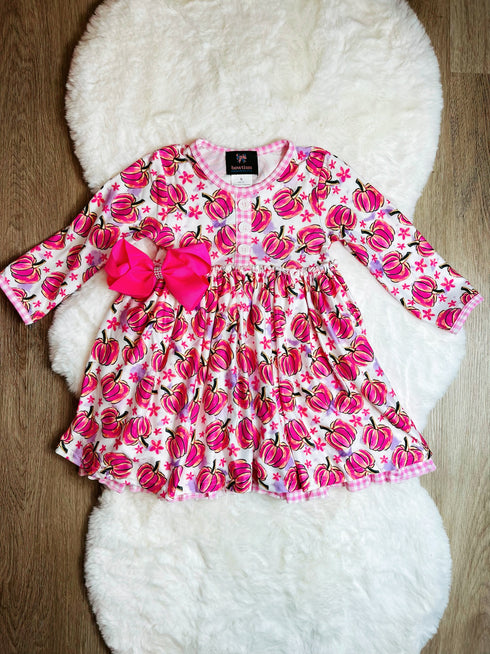 Bowtism Watercolor Pumpkin Layered Dress with Matching Bow - Bowtism